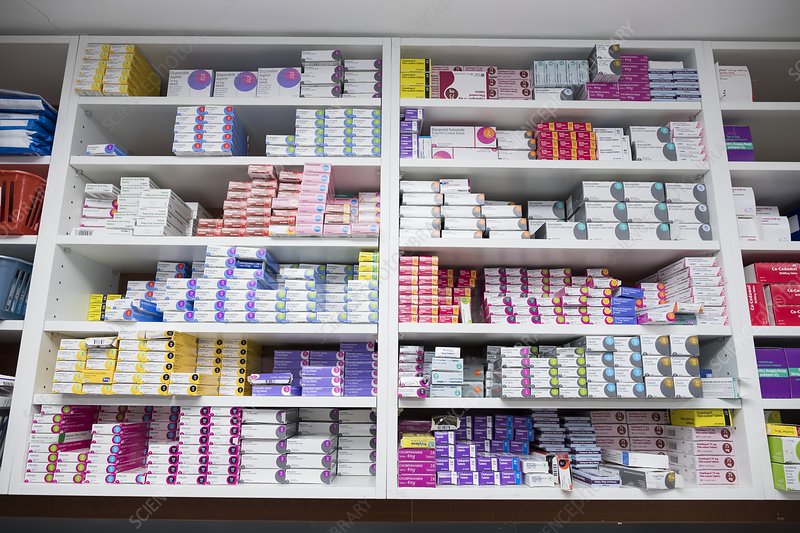 medicine shelves in pharmacy